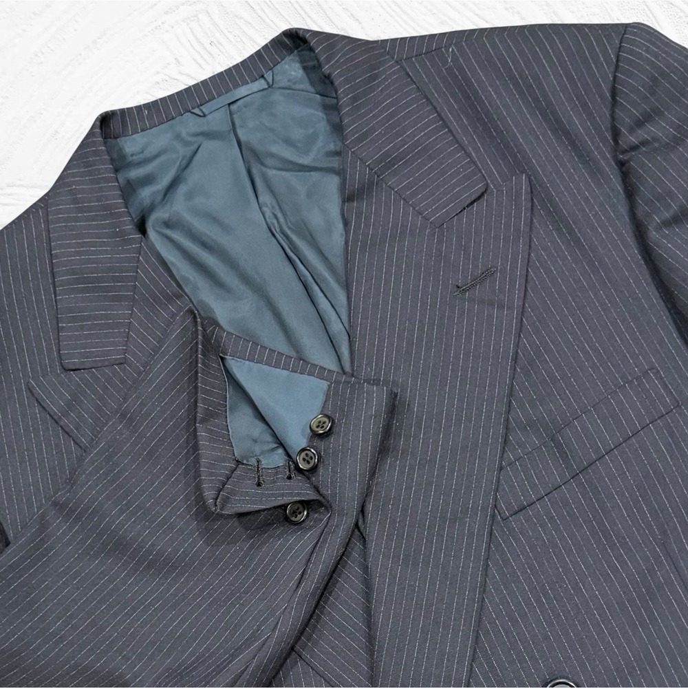 Oxxford Clothes Double Breast Peak Collar Blue Pinstripe Blazer 48L Super 100